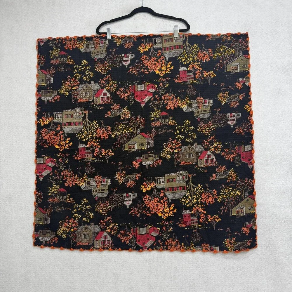April Cornell Quilted Throw Blanket Fall Village Houses Cotton Black Orange